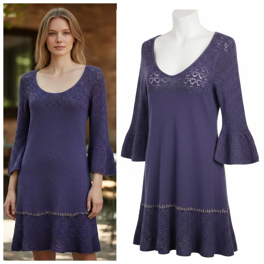 Free People Crochet Knit Flare Sleeve Mini Dress S Purple Boho Romantic Fairy